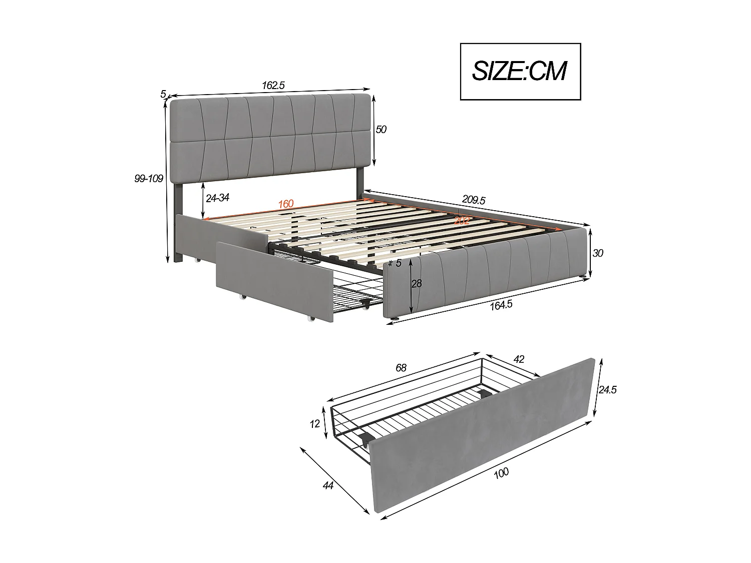 Lit adulte 160x200 cm - POCKETPOP - Gris - Sommier à Lattes - 4 tiroirs - Tissu en Velours