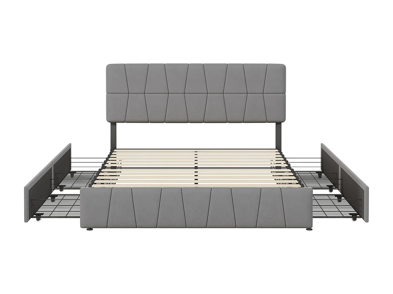 Lit adulte 160x200 cm - POCKETPOP - Gris - Sommier à Lattes - 4 tiroirs - Tissu en Velours