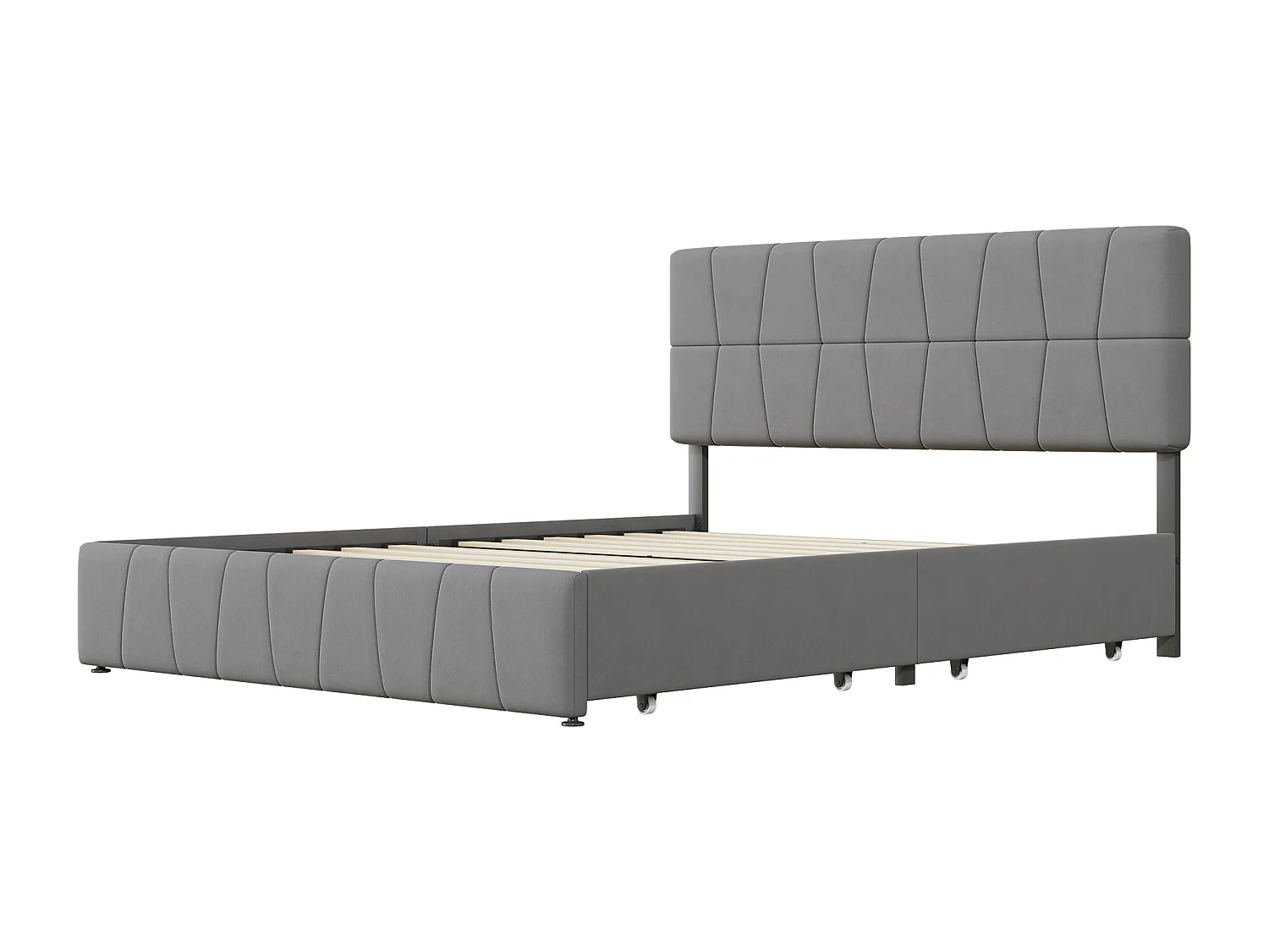 Lit adulte 160x200 cm - POCKETPOP - Gris - Sommier à Lattes - 4 tiroirs - Tissu en Velours