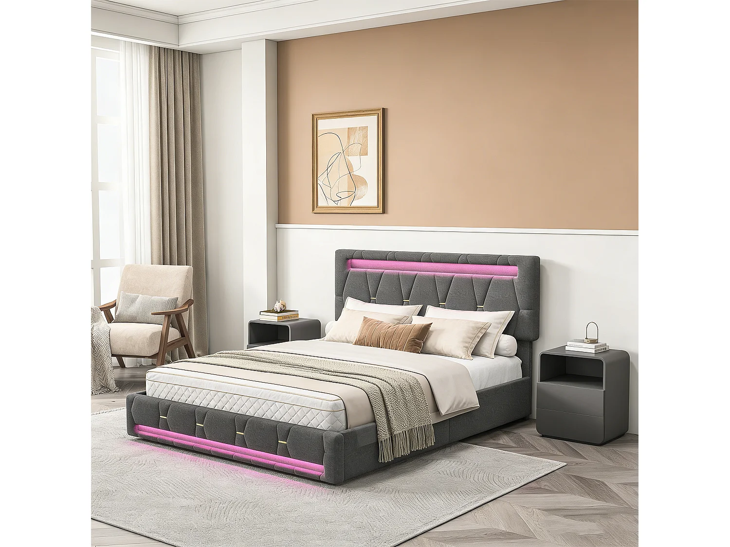 Structure de lit,POCKETPOP,140x190 cm,avec 4 tiroirs,tissu en lin,cadre de lit 140x190 cm,Gris