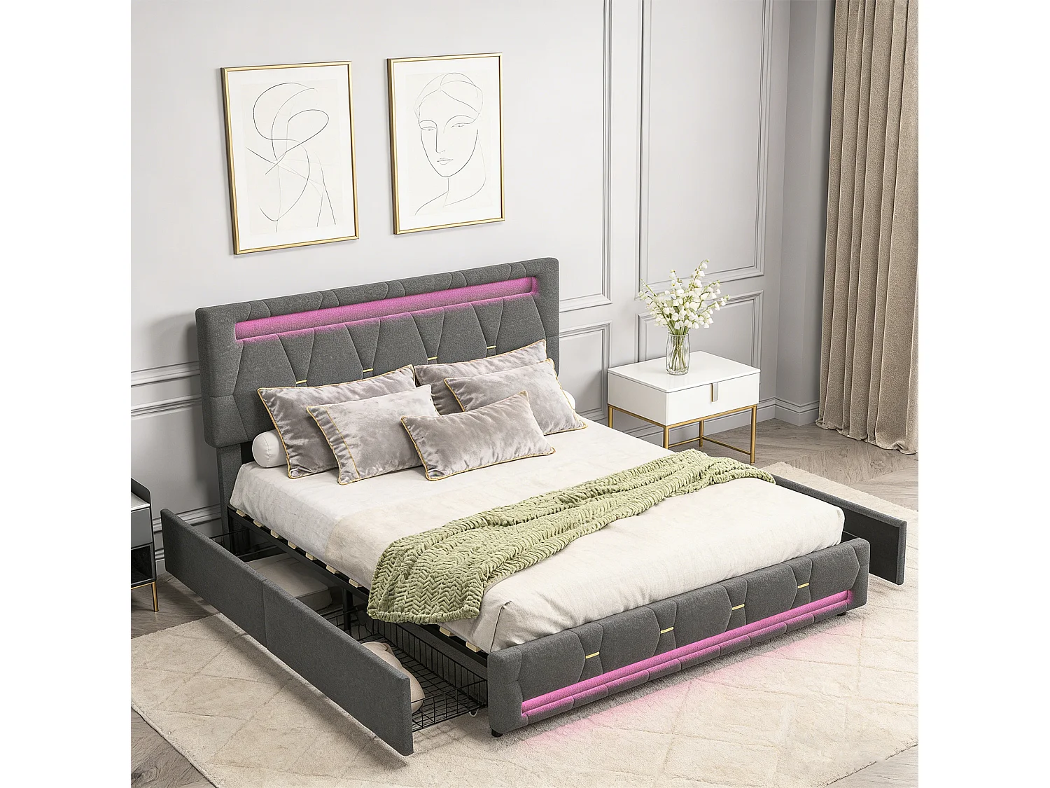 Structure de lit,POCKETPOP,140x190 cm,avec 4 tiroirs,tissu en lin,cadre de lit 140x190 cm,Gris