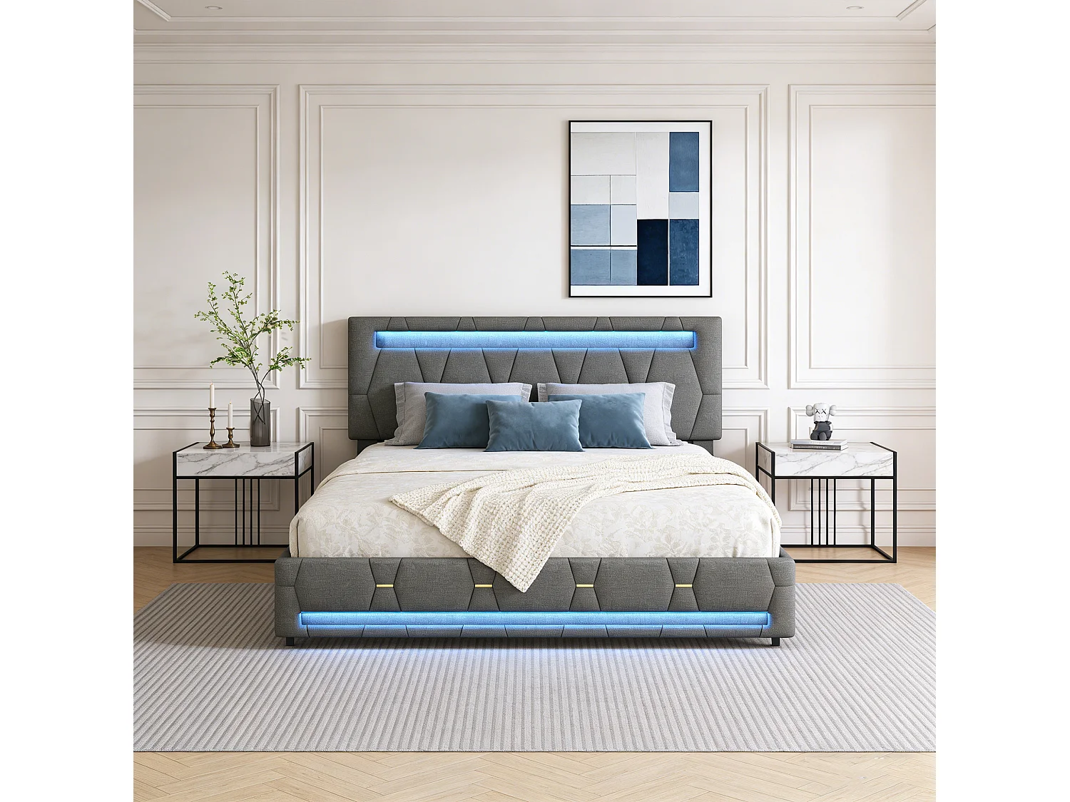 Structure de lit,POCKETPOP,140x190 cm,avec 4 tiroirs,tissu en lin,cadre de lit 140x190 cm,Gris