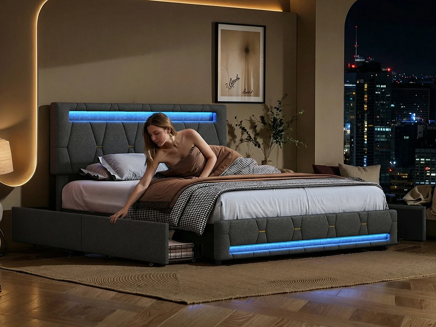 Lit double 140 x 190 cm avec 4 tiroirs de rangement – Tissu en lin gris – POCKETPOP