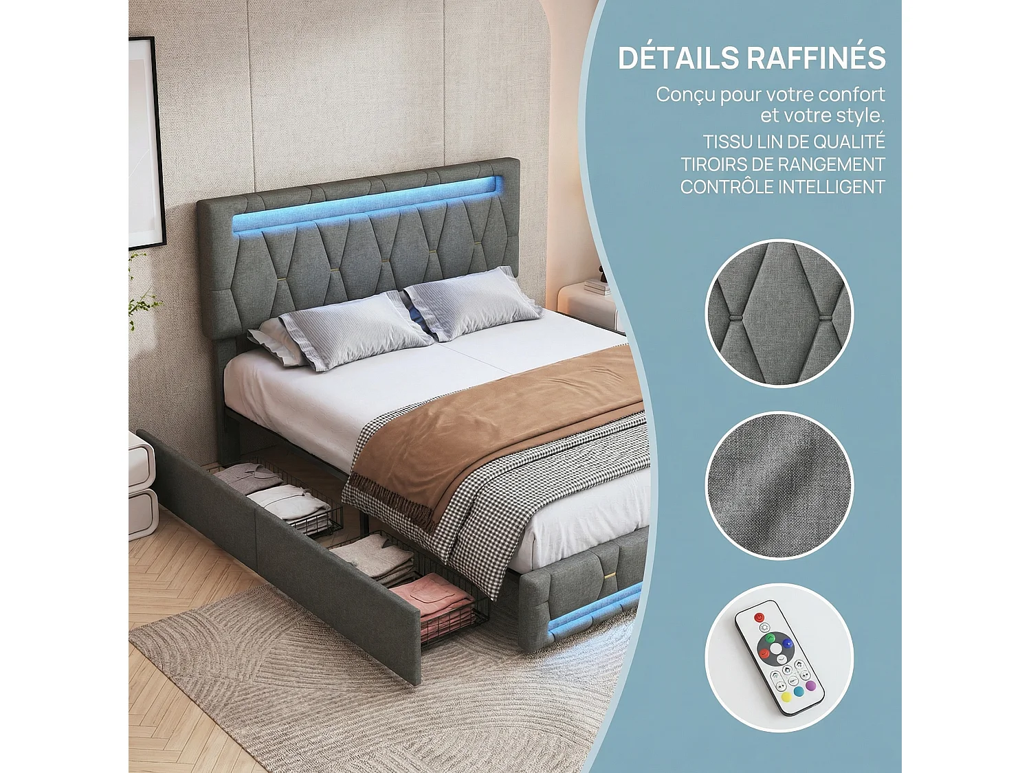 Lit double 140 x 190 cm avec 4 tiroirs de rangement – Tissu en lin gris – POCKETPOP