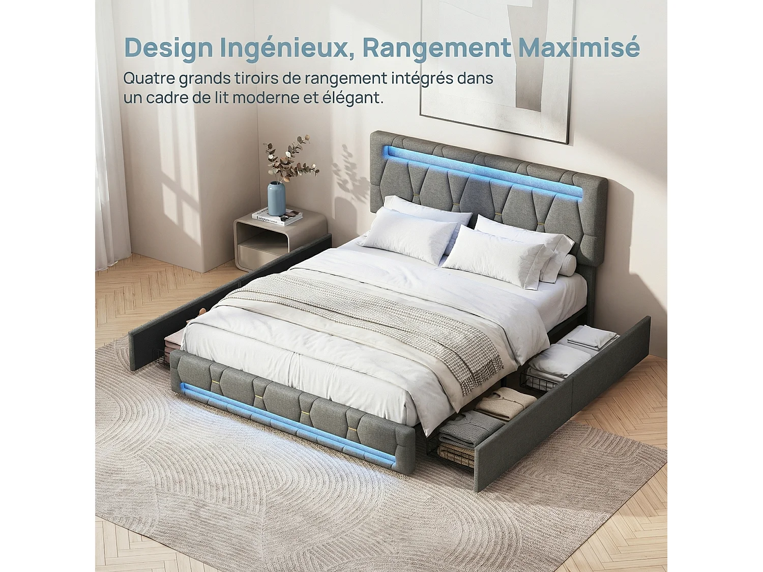 Lit double 140 x 190 cm avec 4 tiroirs de rangement – Tissu en lin gris – POCKETPOP