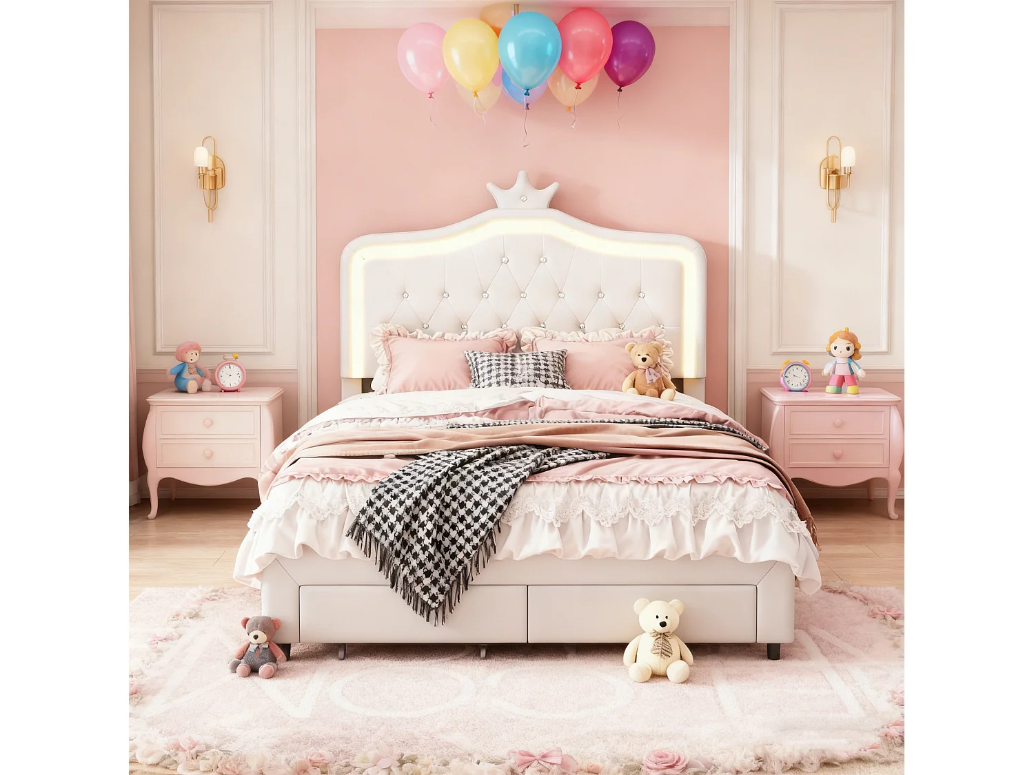 Structure de lit,POCKETPOP,140x190 cm,LED,avec 2 tiroirs,tissu en pu,cadre de lit enfant 140x190 cm,Blanc