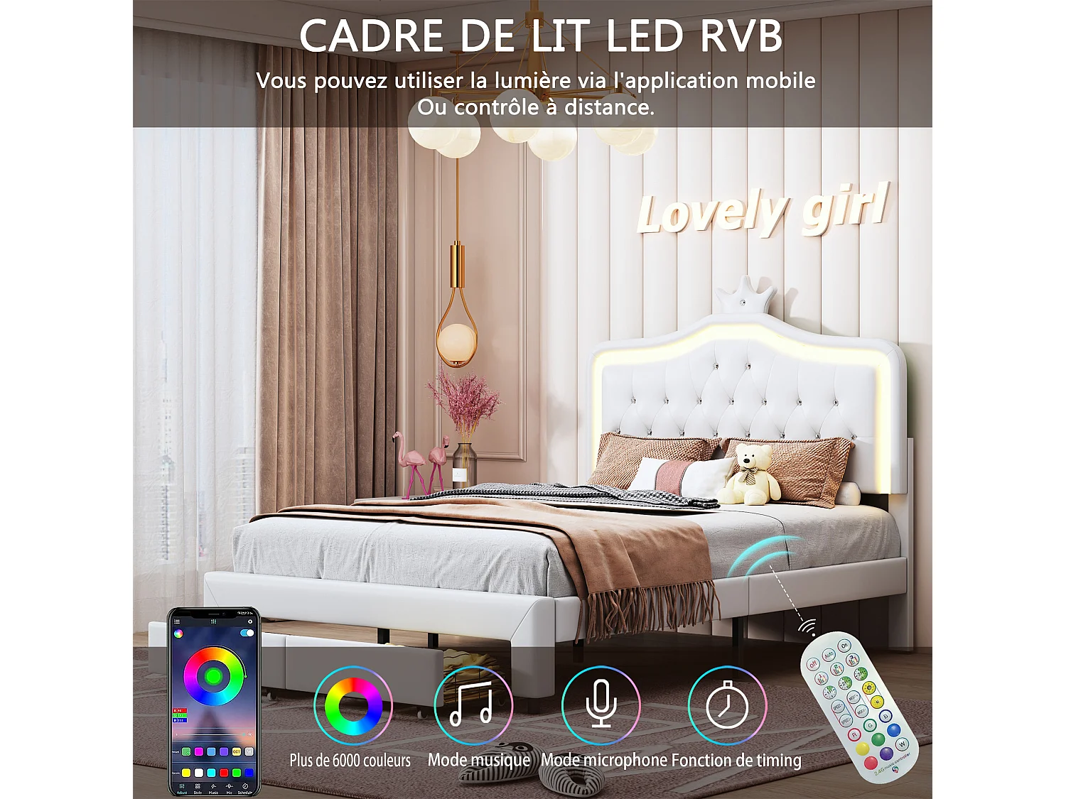 Structure de lit,POCKETPOP,140x190 cm,LED,avec 2 tiroirs,tissu en pu,cadre de lit enfant 140x190 cm,Blanc