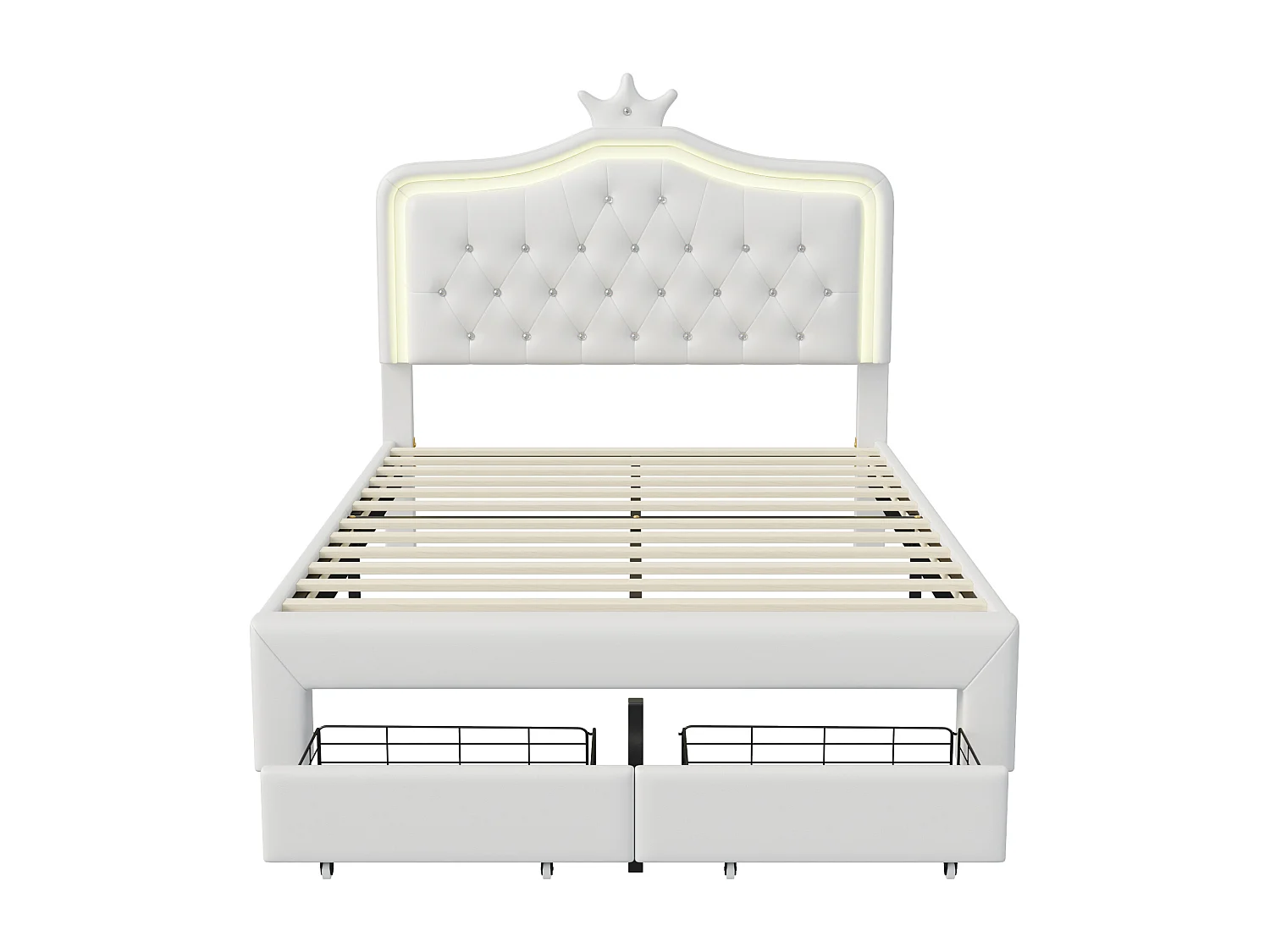 Structure de lit,POCKETPOP,140x190 cm,LED,avec 2 tiroirs,tissu en pu,cadre de lit enfant 140x190 cm,Blanc