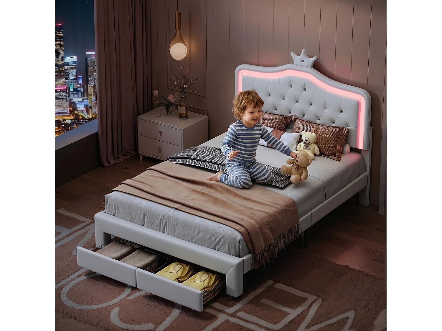 bedframe, 140x190 cm, LED-verlichting, met 2 lades, PU-stof, kinderbedframe 140x190 cm, wit