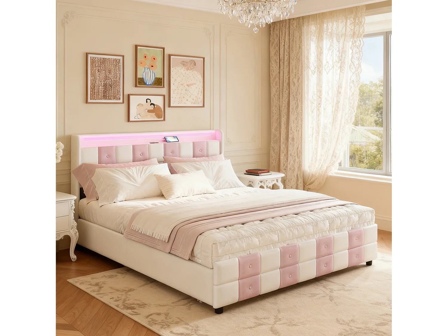 Lit 140x190 - POCKETPOP - Velours Blanc et rose - Cadre de Lit avec Sommier à Lattes en Bois - USB et LED - 4 tiroirs