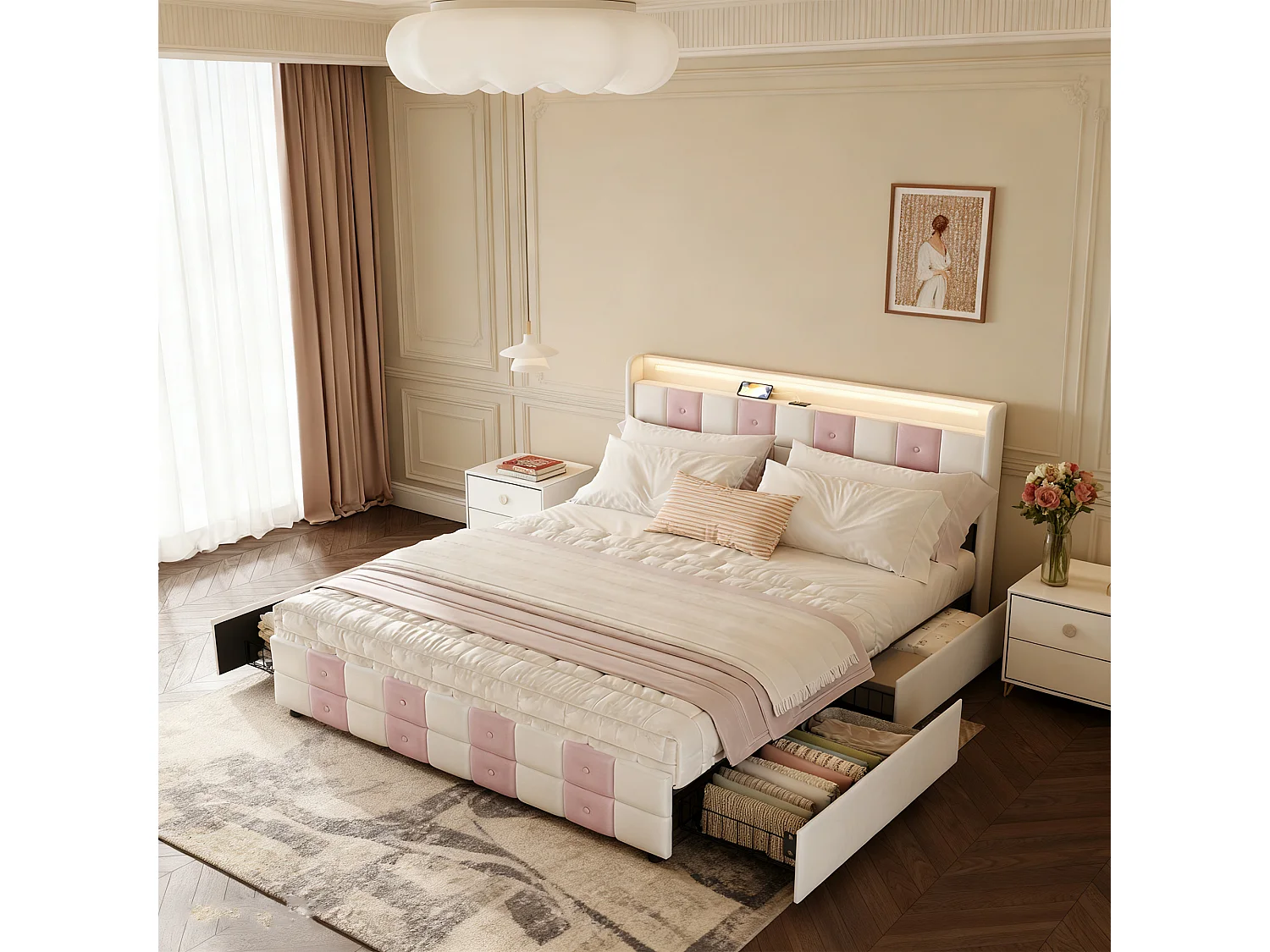 Lit 140x190 - POCKETPOP - Velours Blanc et rose - Cadre de Lit avec Sommier à Lattes en Bois - USB et LED - 4 tiroirs
