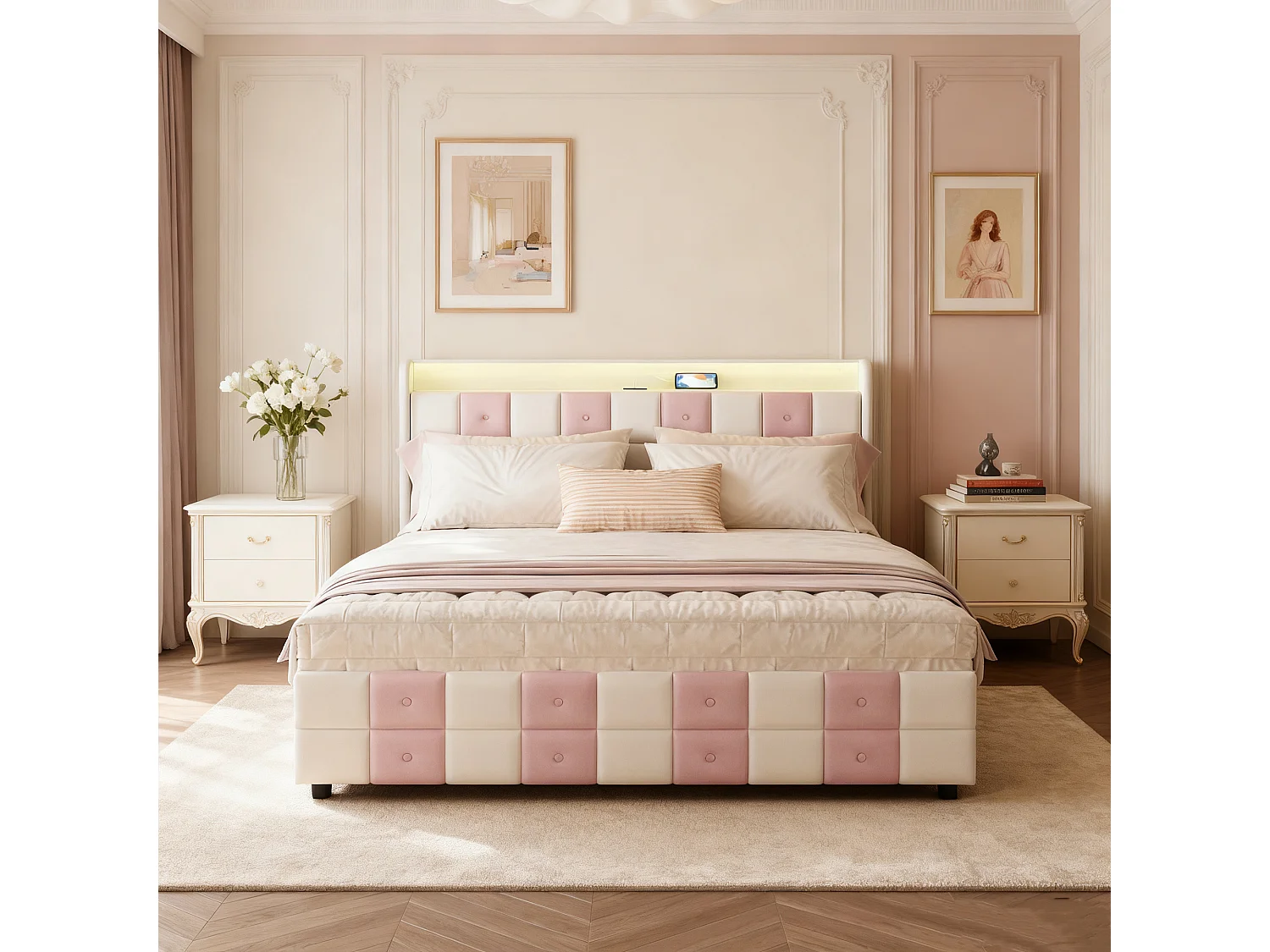 Lit 140x190 - POCKETPOP - Velours Blanc et rose - Cadre de Lit avec Sommier à Lattes en Bois - USB et LED - 4 tiroirs
