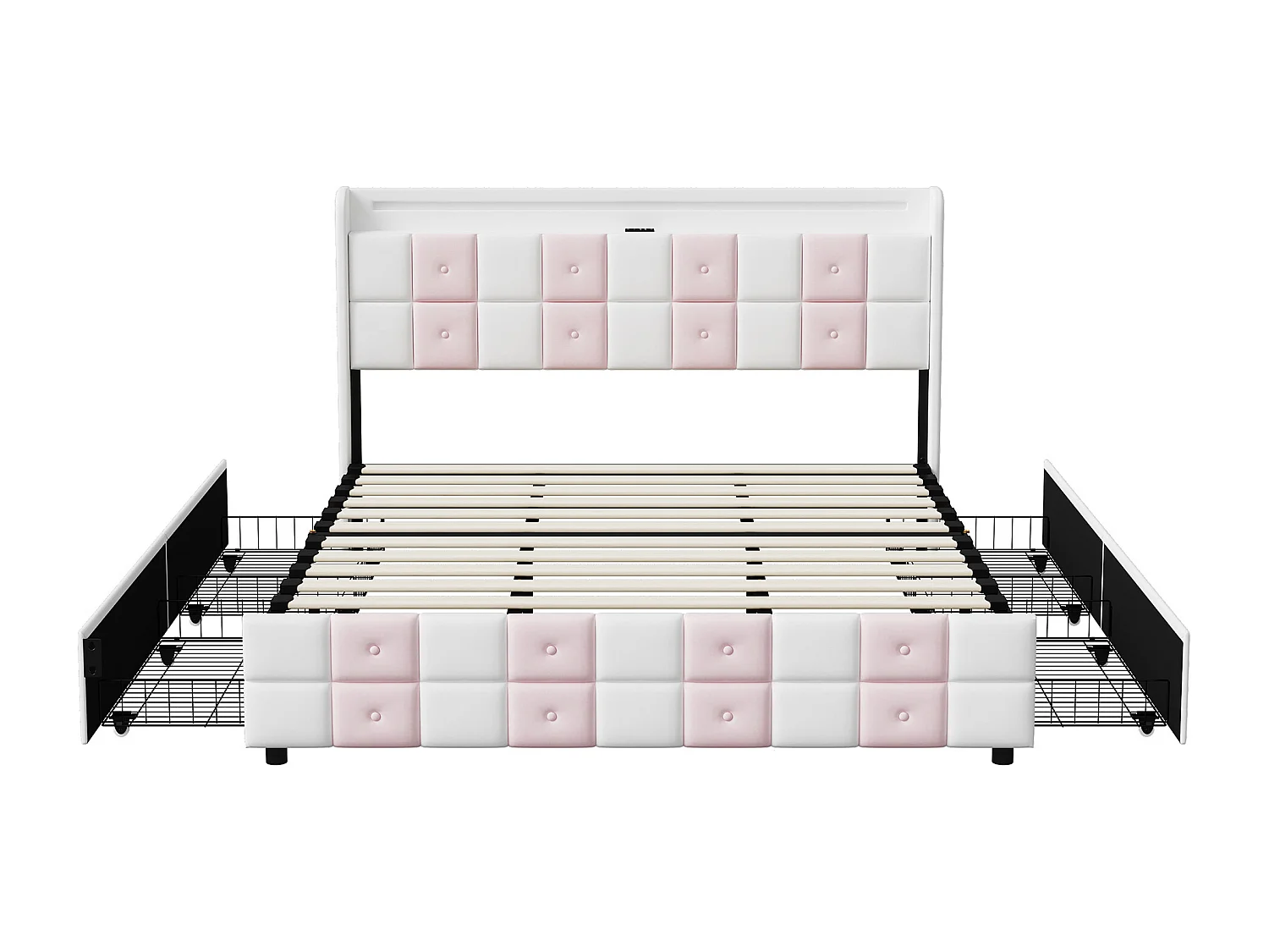 Lit 140x190 - POCKETPOP - Velours Blanc et rose - Cadre de Lit avec Sommier à Lattes en Bois - USB et LED - 4 tiroirs