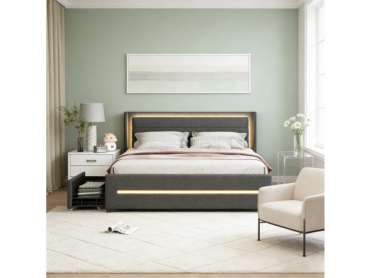 Lit adulte 160x200 cm avec éclairage LED, 4 tiroirs, tissu en lin, cadre de lit double 160x200 cm, gris