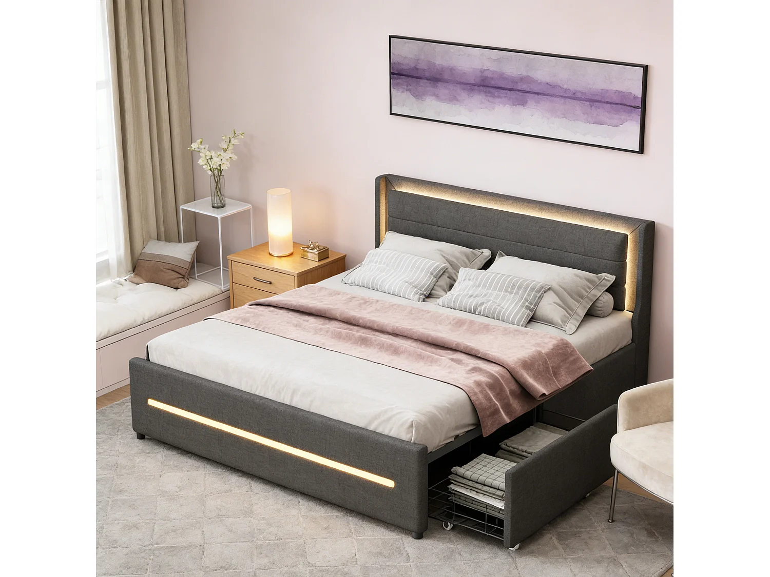 Lit adulte 160x200 cm avec éclairage LED, 4 tiroirs, tissu en lin, cadre de lit double 160x200 cm, gris