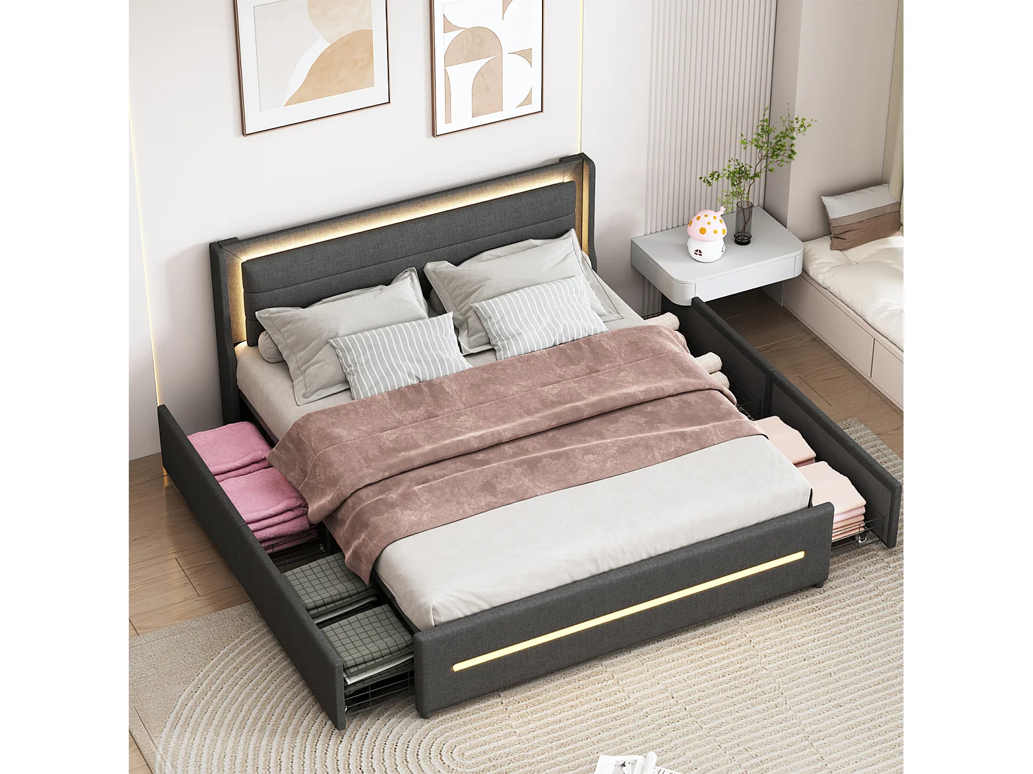 Lit adulte 160x200 cm avec éclairage LED, 4 tiroirs, tissu en lin, cadre de lit double 160x200 cm, gris