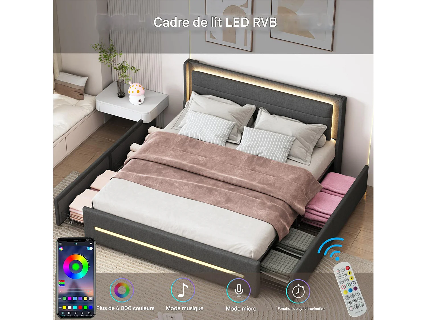 Lit adulte 160x200 cm avec éclairage LED, 4 tiroirs, tissu en lin, cadre de lit double 160x200 cm, gris