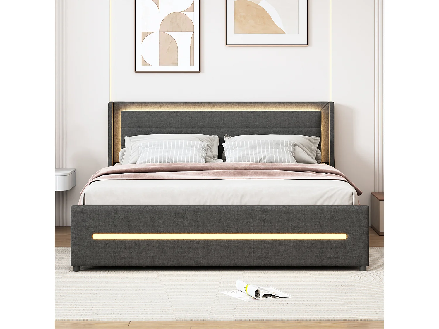 Lit adulte 160x200 cm avec éclairage LED, 4 tiroirs, tissu en lin, cadre de lit double 160x200 cm, gris