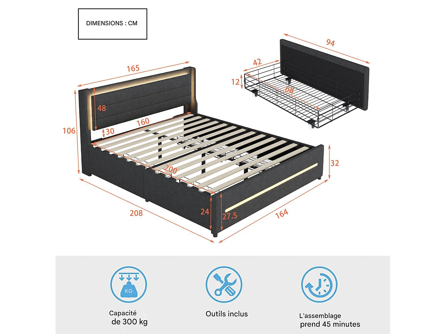 Lit adulte 160x200 cm avec éclairage LED, 4 tiroirs, tissu en lin, cadre de lit double 160x200 cm, gris