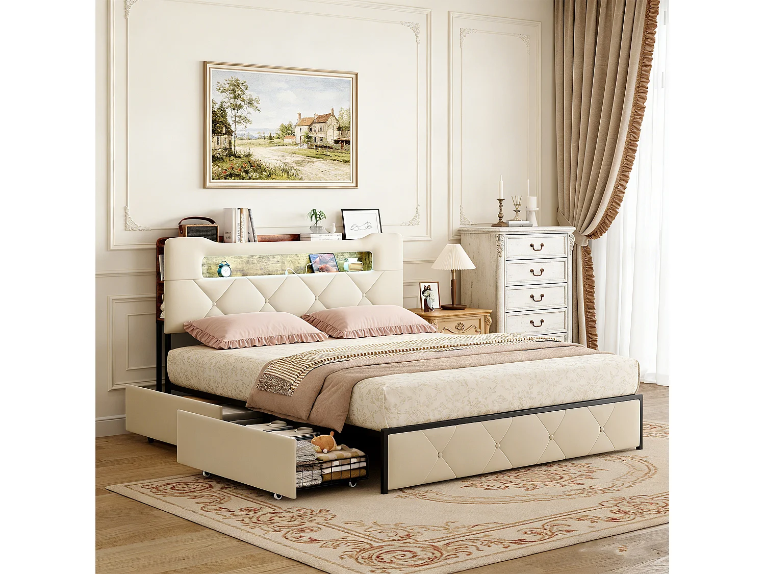 Lit 140x190 cm POCKETPOP, Lit Capitonné en Velours avec Tête de Lit et Sommier à Lattes, Lit Adulte pour 2 Personnes, Beige