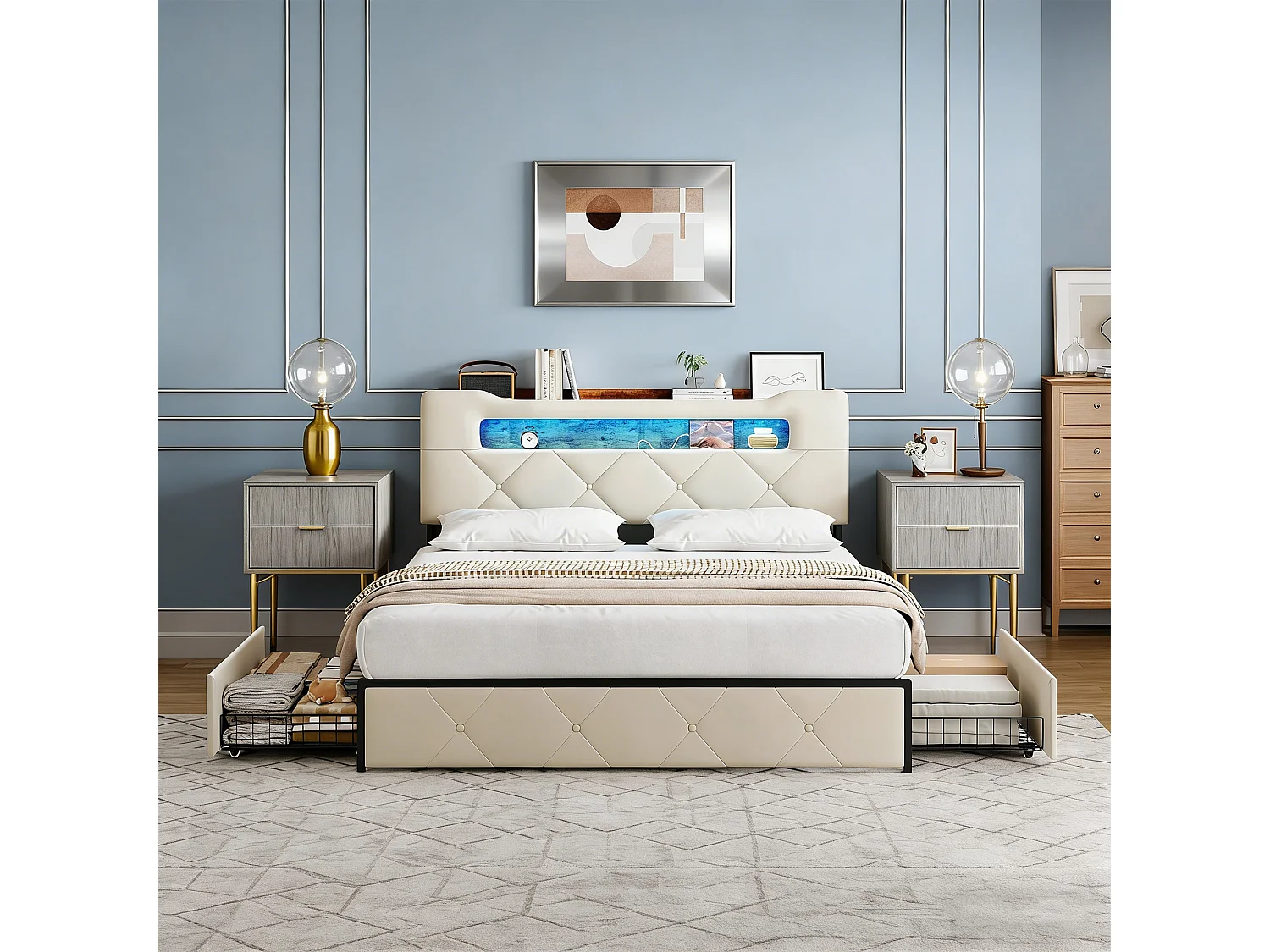 Lit 140x190 cm POCKETPOP, Lit Capitonné en Velours avec Tête de Lit et Sommier à Lattes, Lit Adulte pour 2 Personnes, Beige