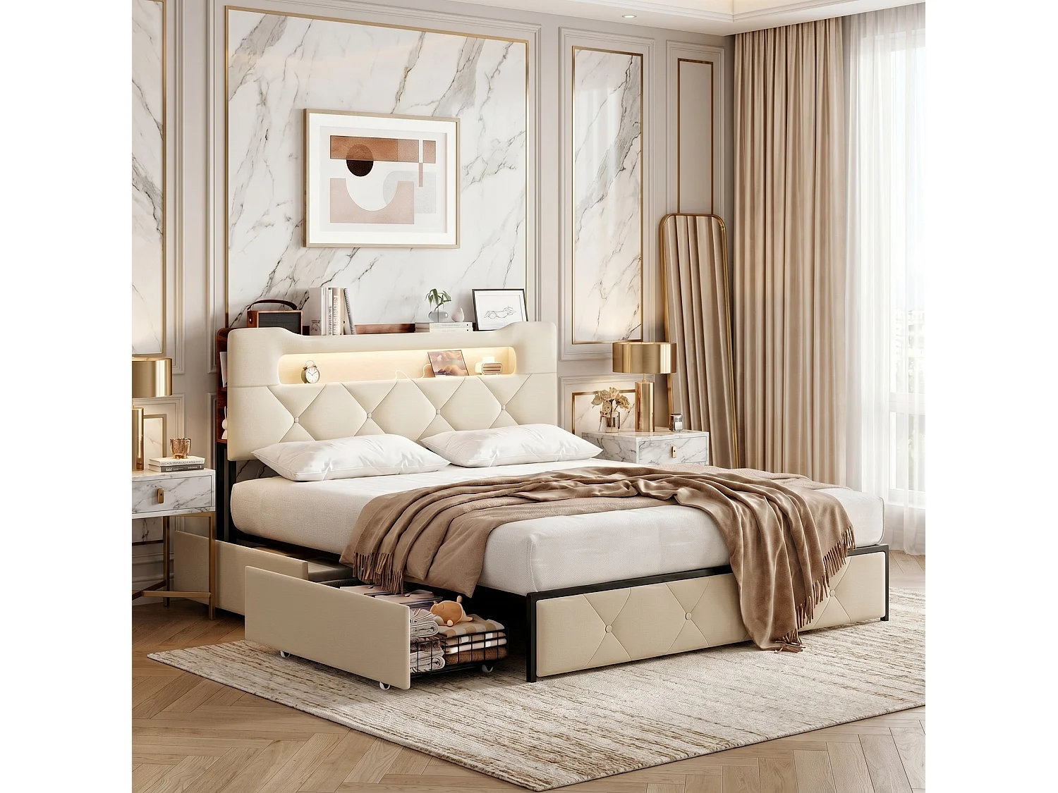Lit 140x190 cm POCKETPOP, Lit Capitonné en Velours avec Tête de Lit et Sommier à Lattes, Lit Adulte pour 2 Personnes, Beige