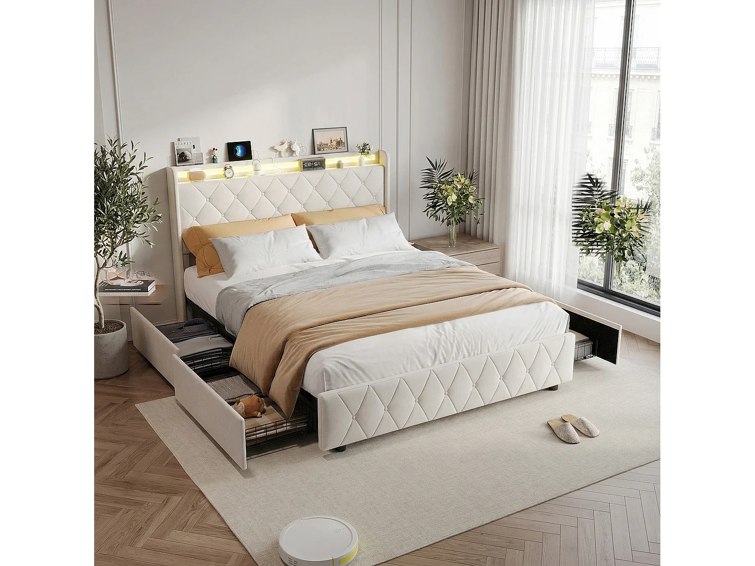 160 x 200 cm Tweepersoonsbed met ledverlichting en 4 lades, gestoffeerd bed met USB, lattenbodem, fluwelen stof, beige