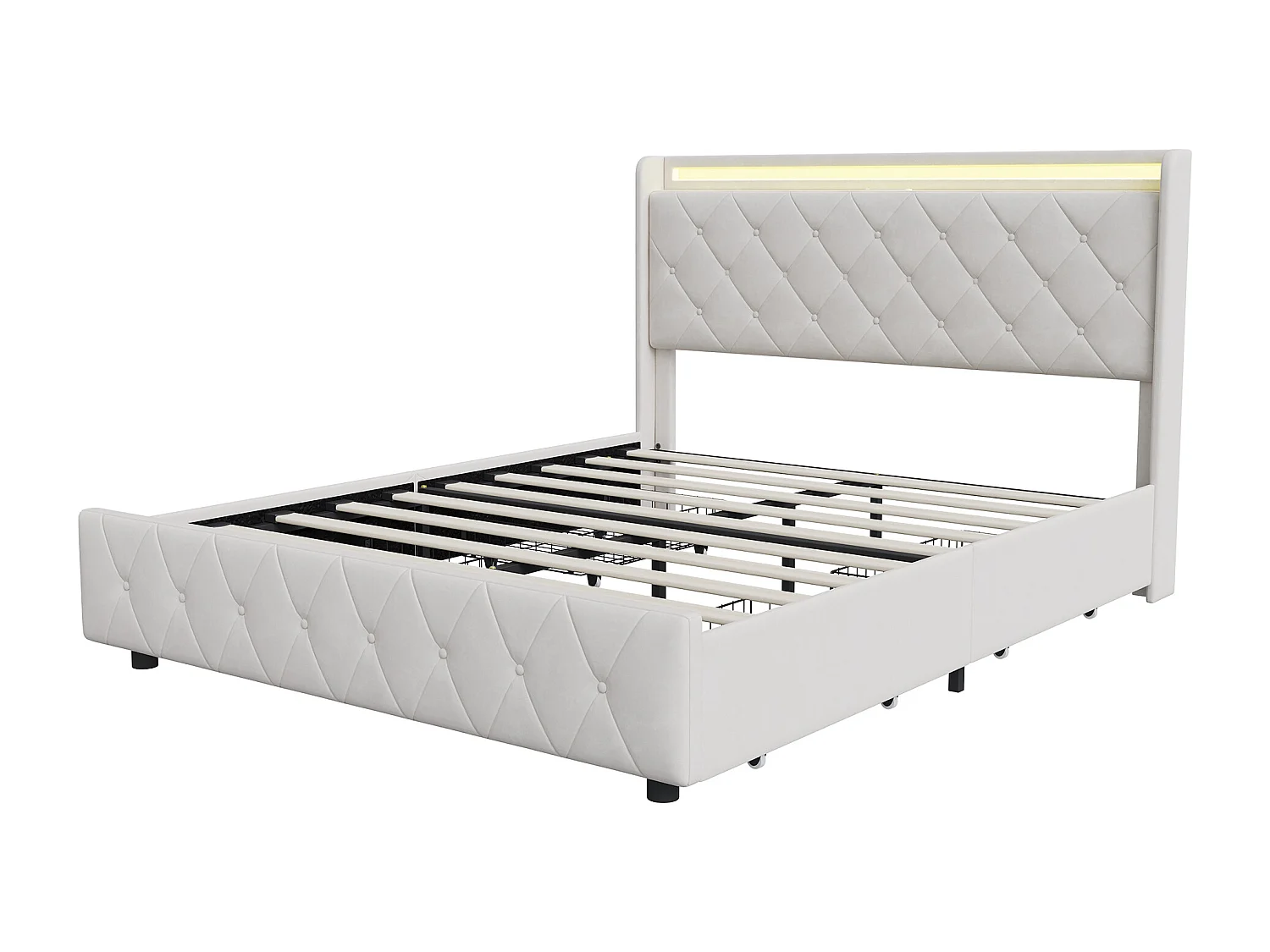 160 x 200 cm Tweepersoonsbed met ledverlichting en 4 lades, gestoffeerd bed met USB, lattenbodem, fluwelen stof, beige