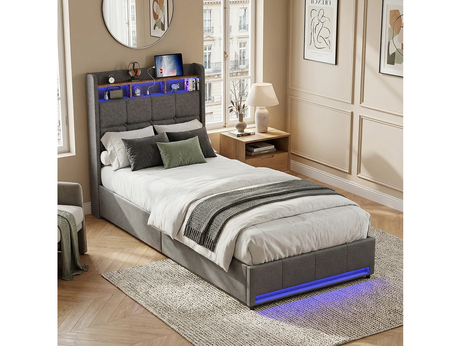 Lit enfant 90x200 cm, POCKETPOP, Lit d'adolescent avec USB et LED, 2 tiroirs, sommier à lattes, Lin gris, 1 place
