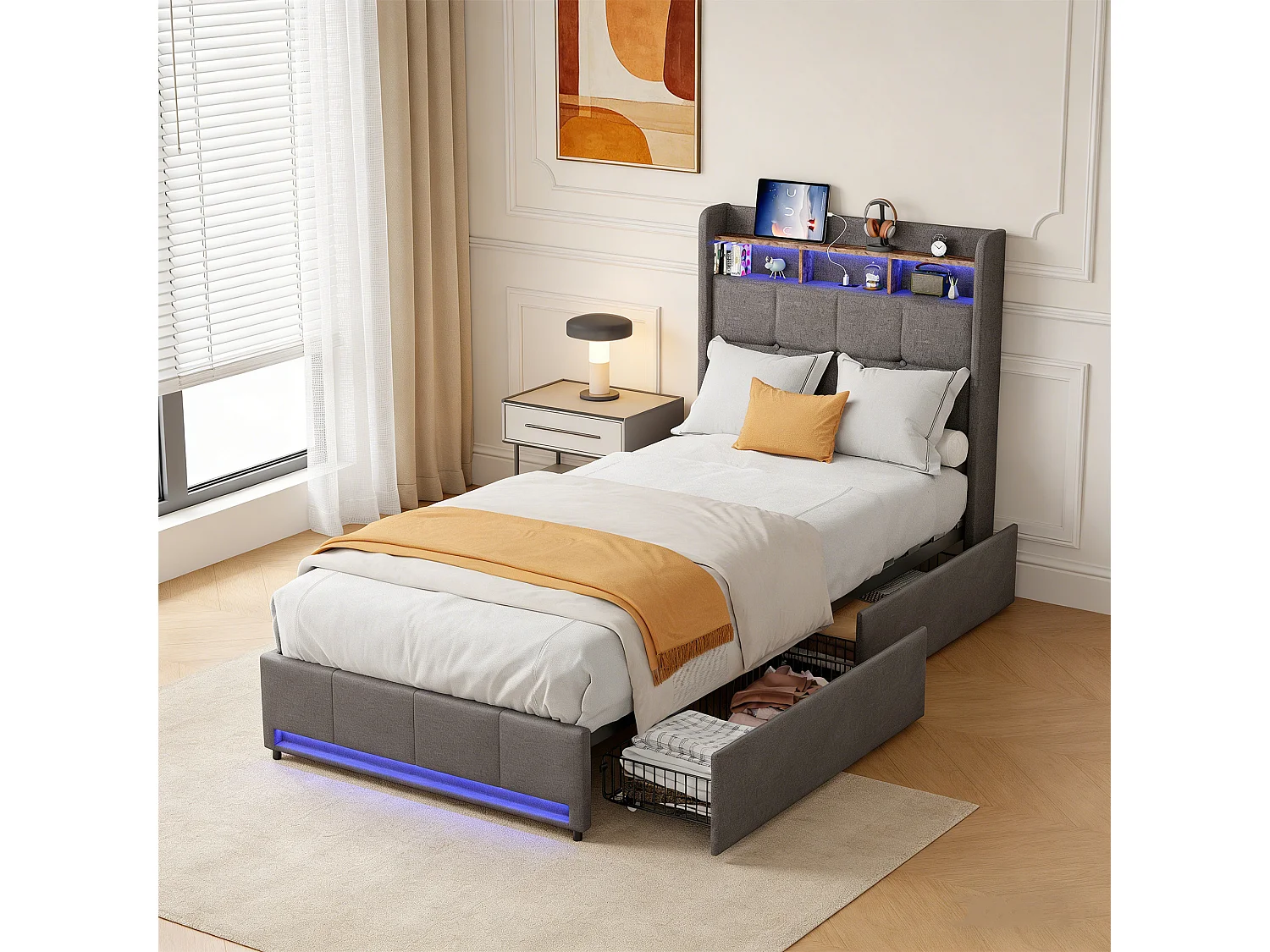 Lit enfant 90x200 cm, POCKETPOP, Lit d'adolescent avec USB et LED, 2 tiroirs, sommier à lattes, Lin gris, 1 place