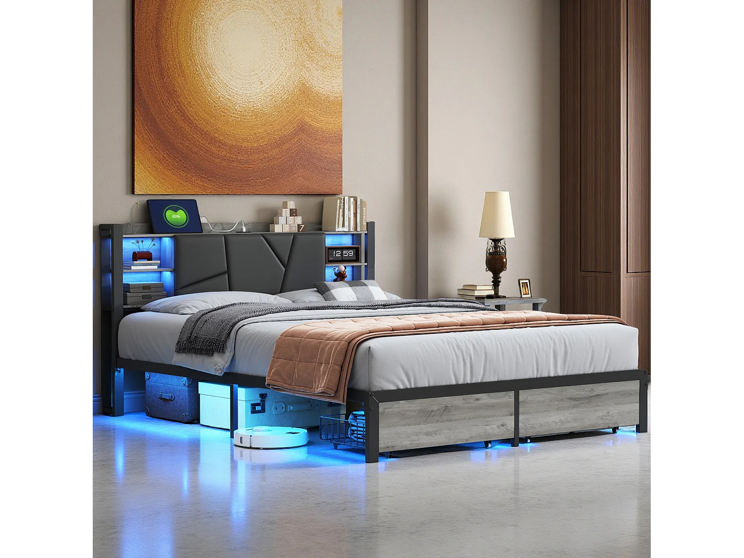 Lit 160x200 cm, USB et Type-C, RGB LED, Scandinave, lit double, cadre de lit adulte 160x200 cm, PU, Noir