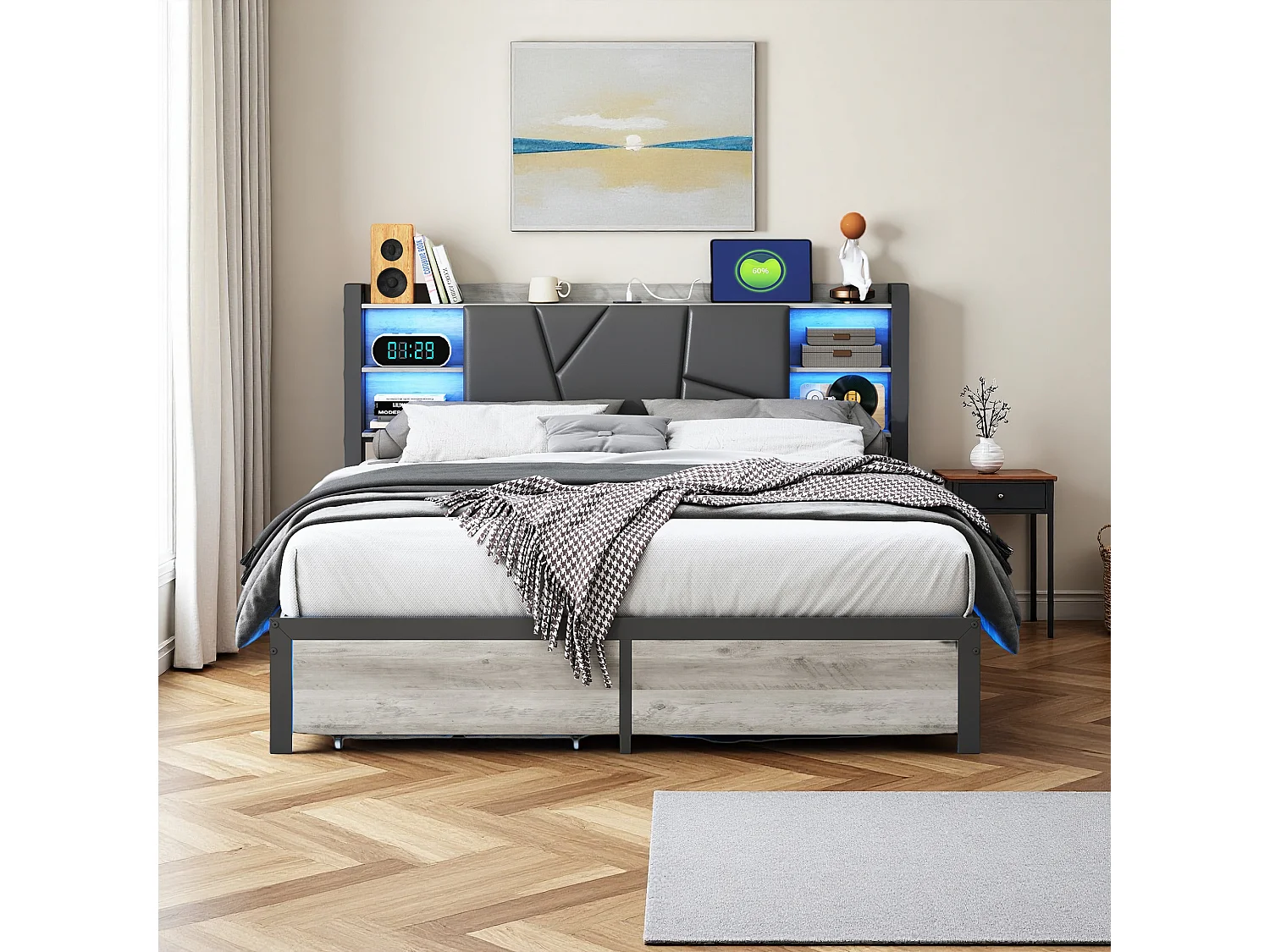 Lit 160x200 cm, USB et Type-C, RGB LED, Scandinave, lit double, cadre de lit adulte 160x200 cm, PU, Noir