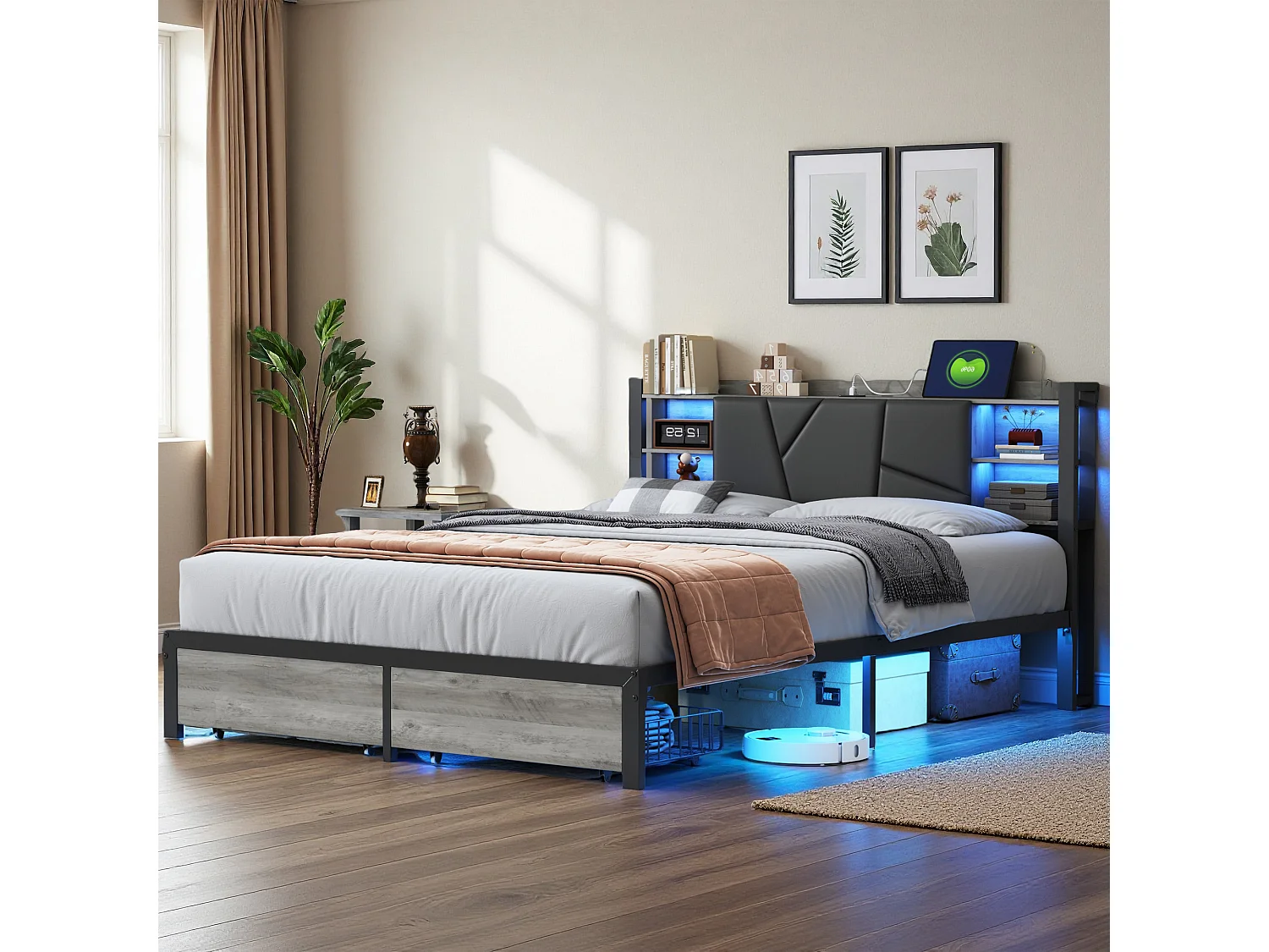 Lit 160x200 cm, USB et Type-C, RGB LED, Scandinave, lit double, cadre de lit adulte 160x200 cm, PU, Noir