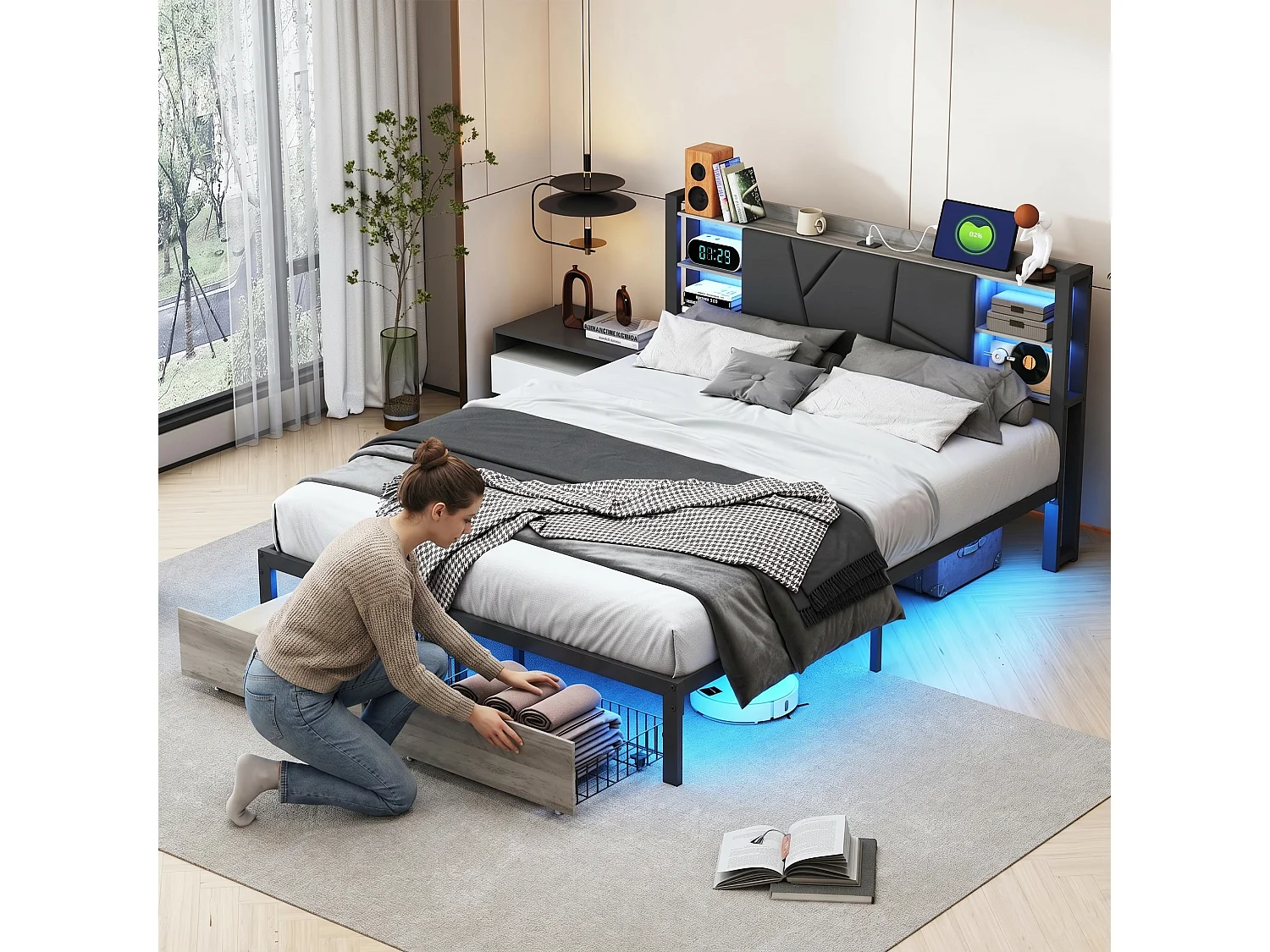 Lit double 160 x 200 cm - avec sommier à lattes, 2 tiroirs de rangement, LED RGB, ports USB et Type-C - cadre de lit adulte en PU noir