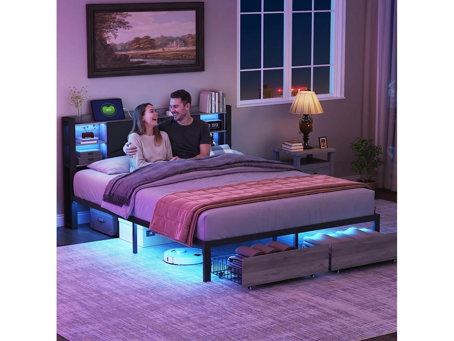 Lit double 160 x 200 cm - avec sommier à lattes, 2 tiroirs de rangement, LED RGB, ports USB et Type-C - cadre de lit adulte en PU noir