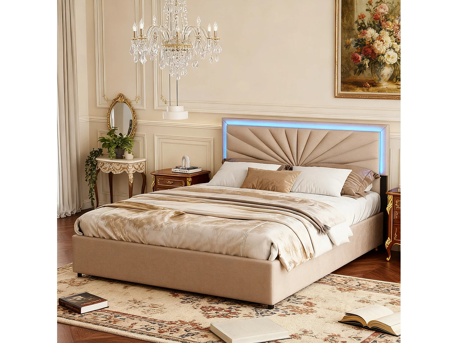 Cadre de lit, NEXU, 140x190 cm,LED, avec 4 tiroirs, tissu en lin, Beige