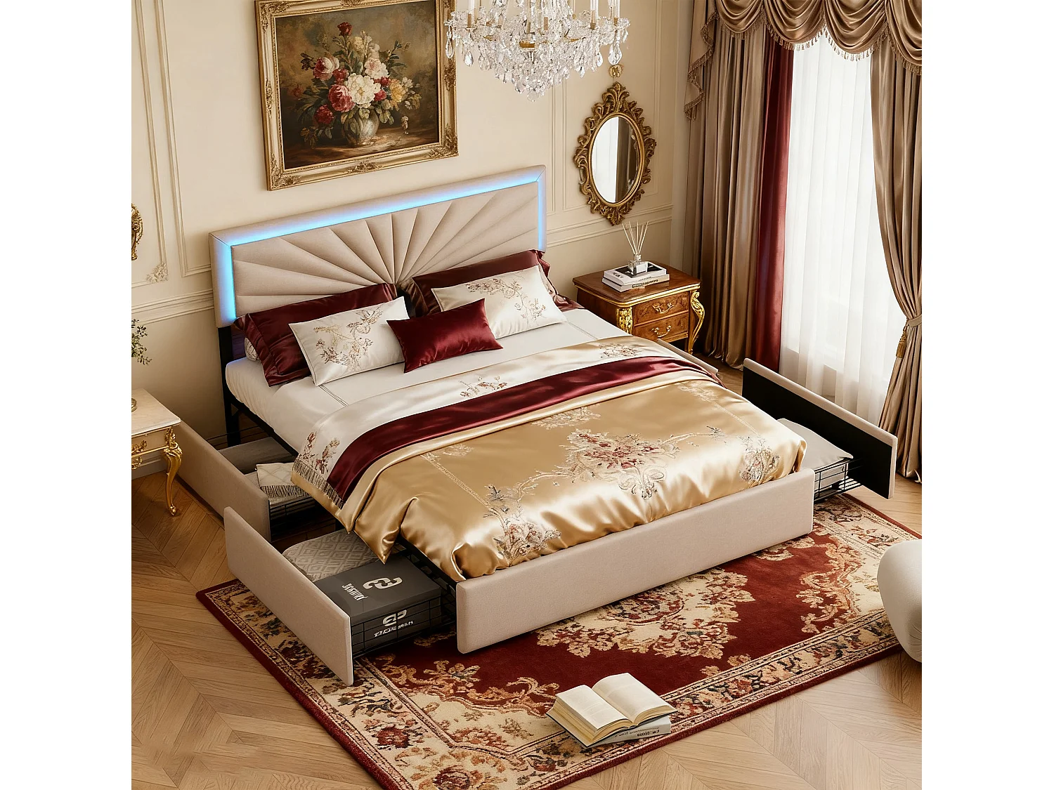 Cadre de lit, NEXU, 140x190 cm,LED, avec 4 tiroirs, tissu en lin, Beige