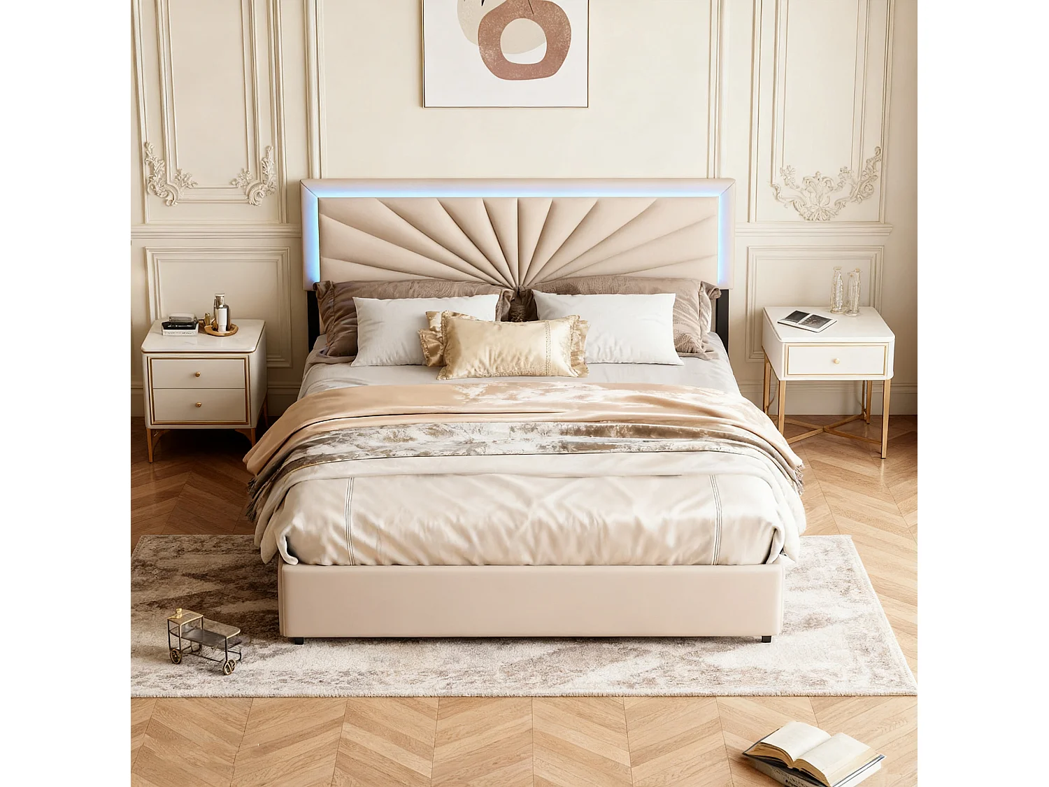 Cadre de lit, NEXU, 140x190 cm,LED, avec 4 tiroirs, tissu en lin, Beige