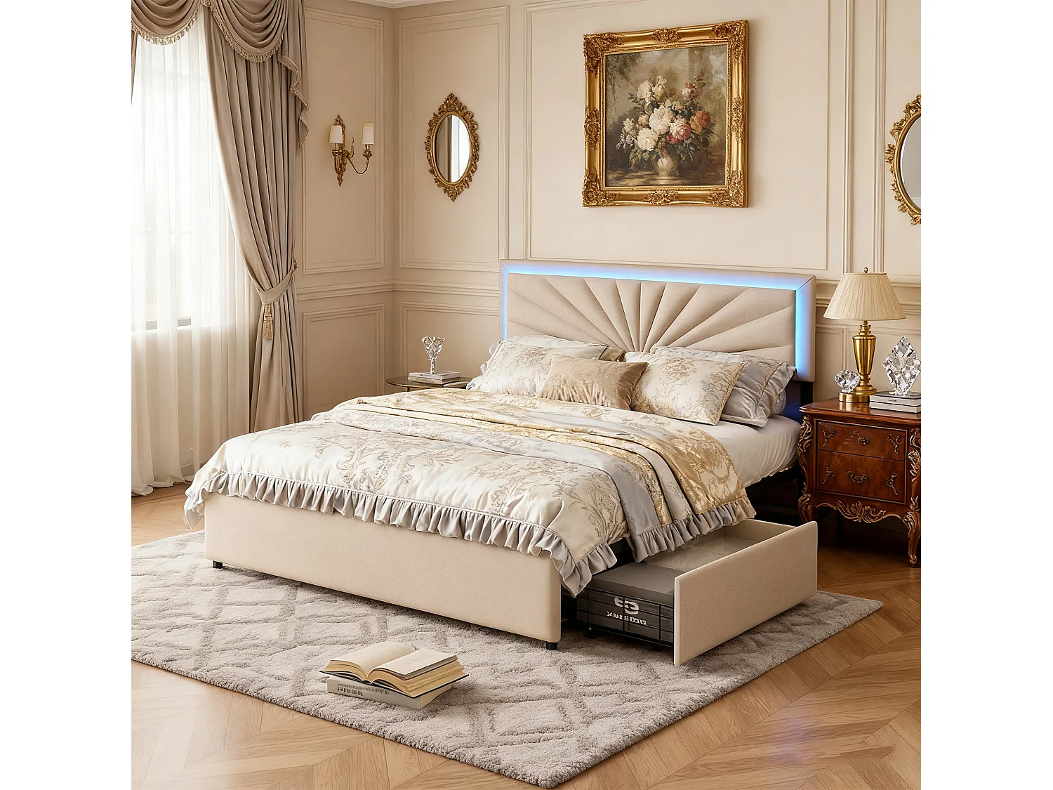 Cadre de lit, NEXU, 140x190 cm,LED, avec 4 tiroirs, tissu en lin, Beige
