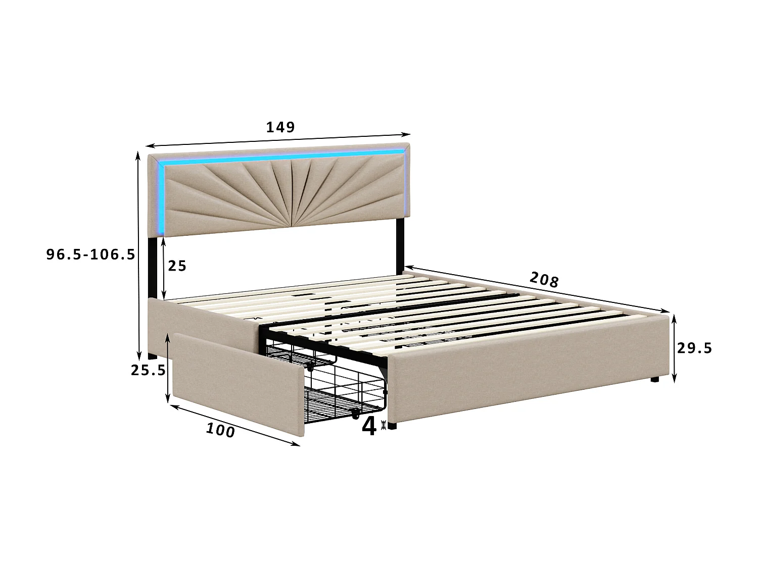 Cadre de lit, NEXU, 140x190 cm,LED, avec 4 tiroirs, tissu en lin, Beige