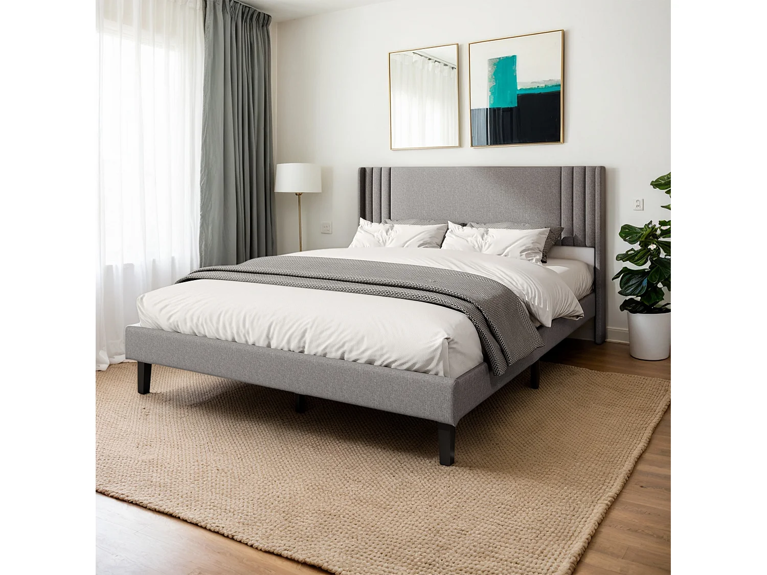 160 x 200 cm Bed, gestoffeerd bed, linnen hoofdbord, tweepersoonsbed met lattenbodem, tweepersoonsbed voor 2 personen, grijs