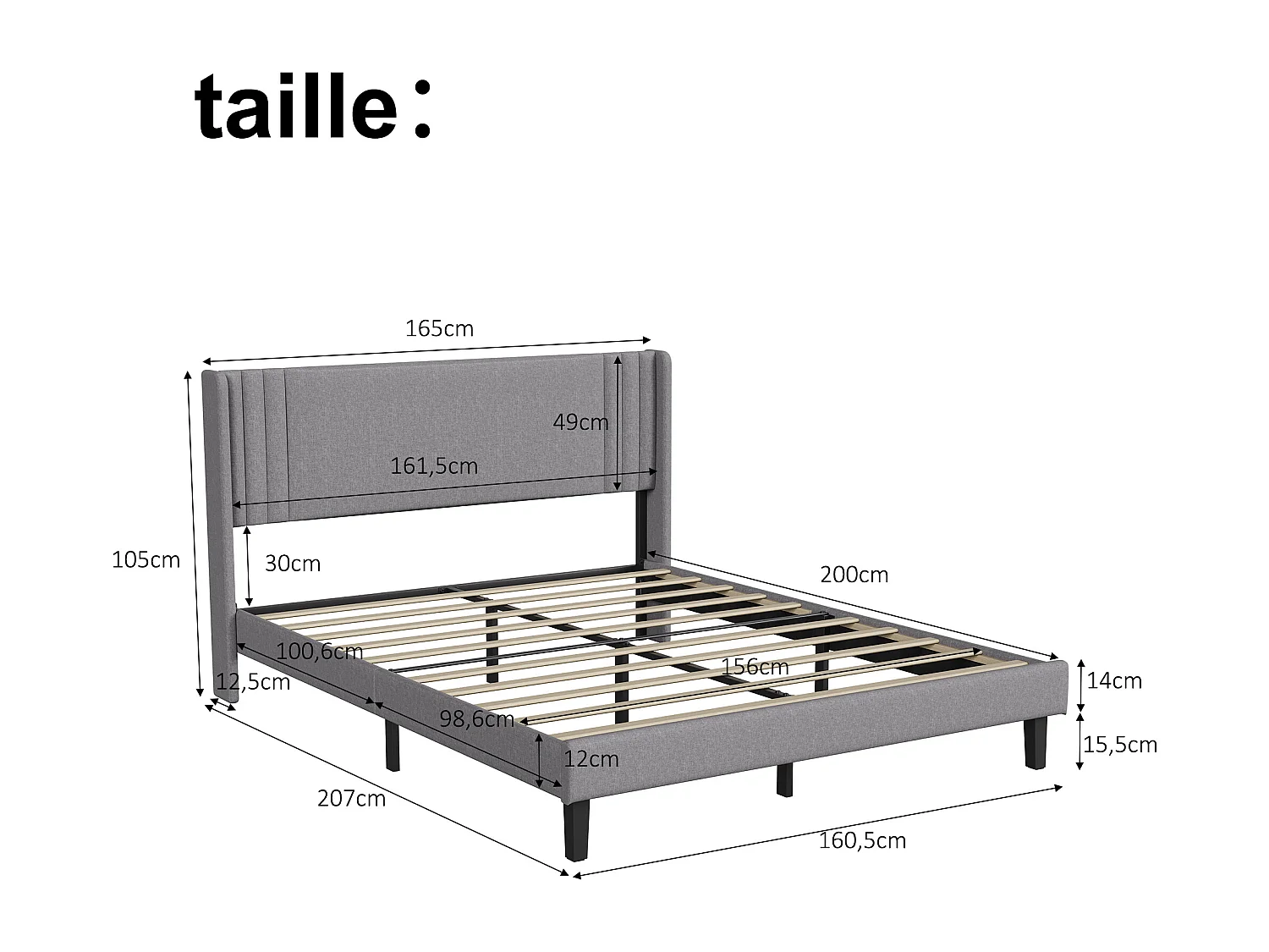160 x 200 cm Bed, gestoffeerd bed, linnen hoofdbord, tweepersoonsbed met lattenbodem, tweepersoonsbed voor 2 personen, grijs