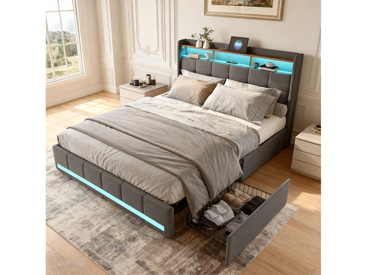Lit 140x190 - NEXU - 4 tiroirs - RGB LED - Tête de lit avec rangement - USB et Type-C - Lin - Gris