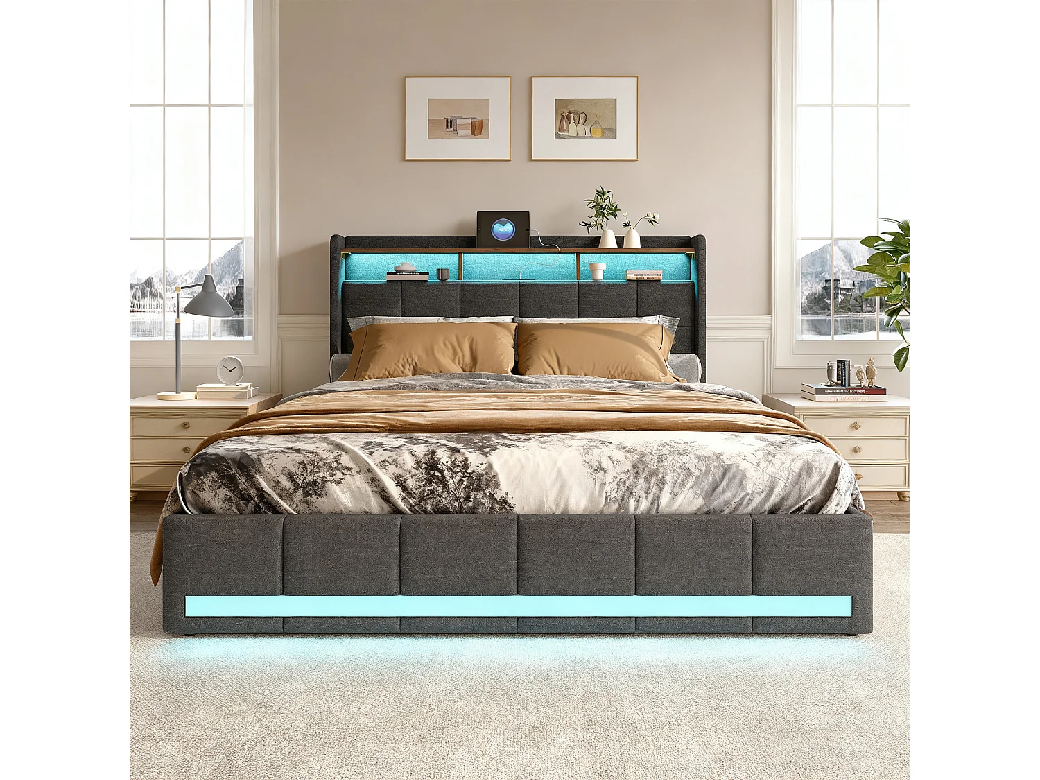 Lit 140x190 - NEXU - 4 tiroirs - RGB LED - Tête de lit avec rangement - USB et Type-C - Lin - Gris