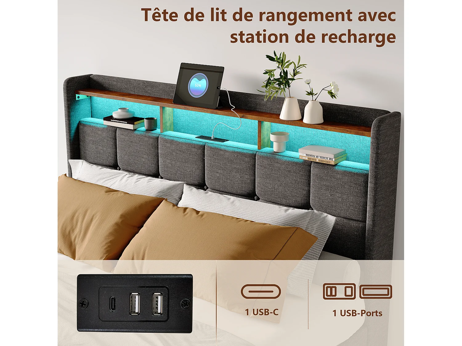 NEXU Lit 140x190 cm avec 4 tiroirs, tête de lit avec rangement, LED RGB, ports USB et Type-C, tissu en lin gris