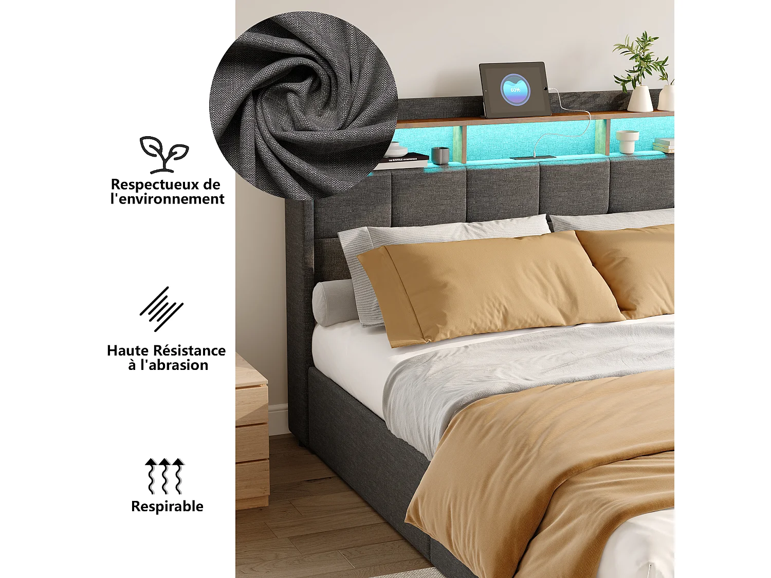 NEXU Lit 140x190 cm avec 4 tiroirs, tête de lit avec rangement, LED RGB, ports USB et Type-C, tissu en lin gris