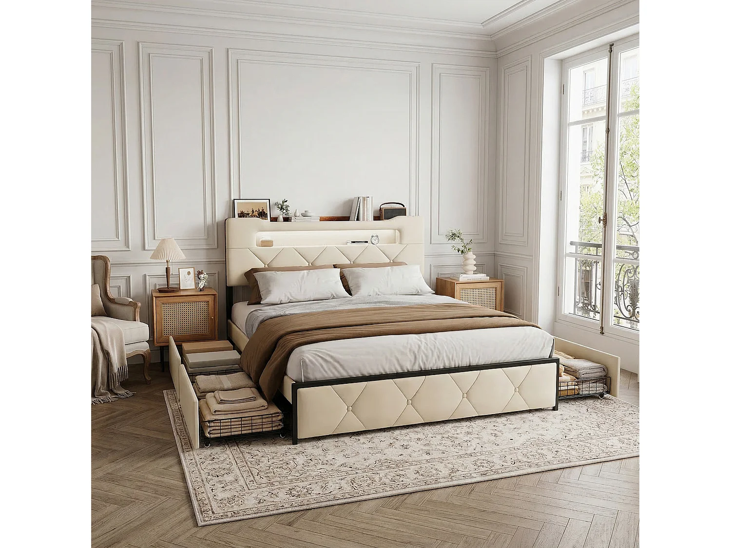Lit double 160x200 cm avec sommier à lattes, tête de lit avec LED et USB, 4 tiroirs, velours, Lit capitonné 2 places, beige