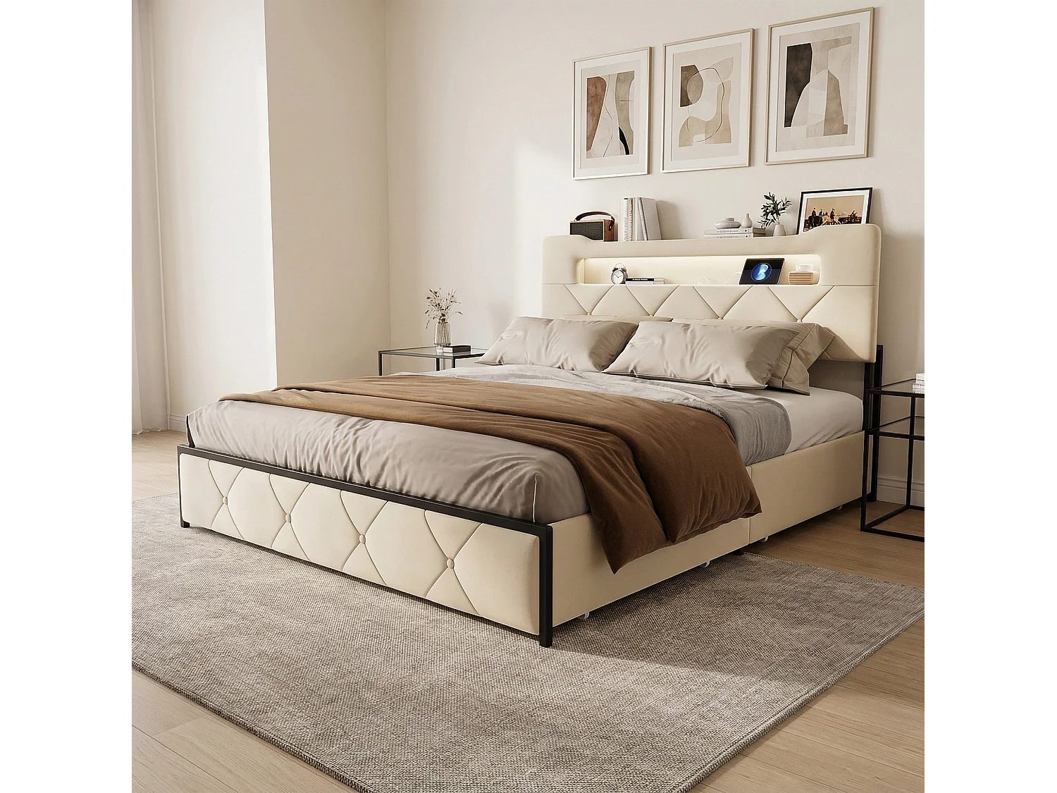 Lit double 160x200 cm avec sommier à lattes, tête de lit avec LED et USB, 4 tiroirs, velours, Lit capitonné 2 places, beige