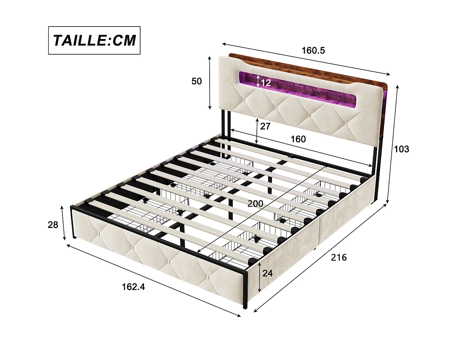 Lit double 160x200 cm avec sommier à lattes, tête de lit avec LED et USB, 4 tiroirs, velours, Lit capitonné 2 places, beige