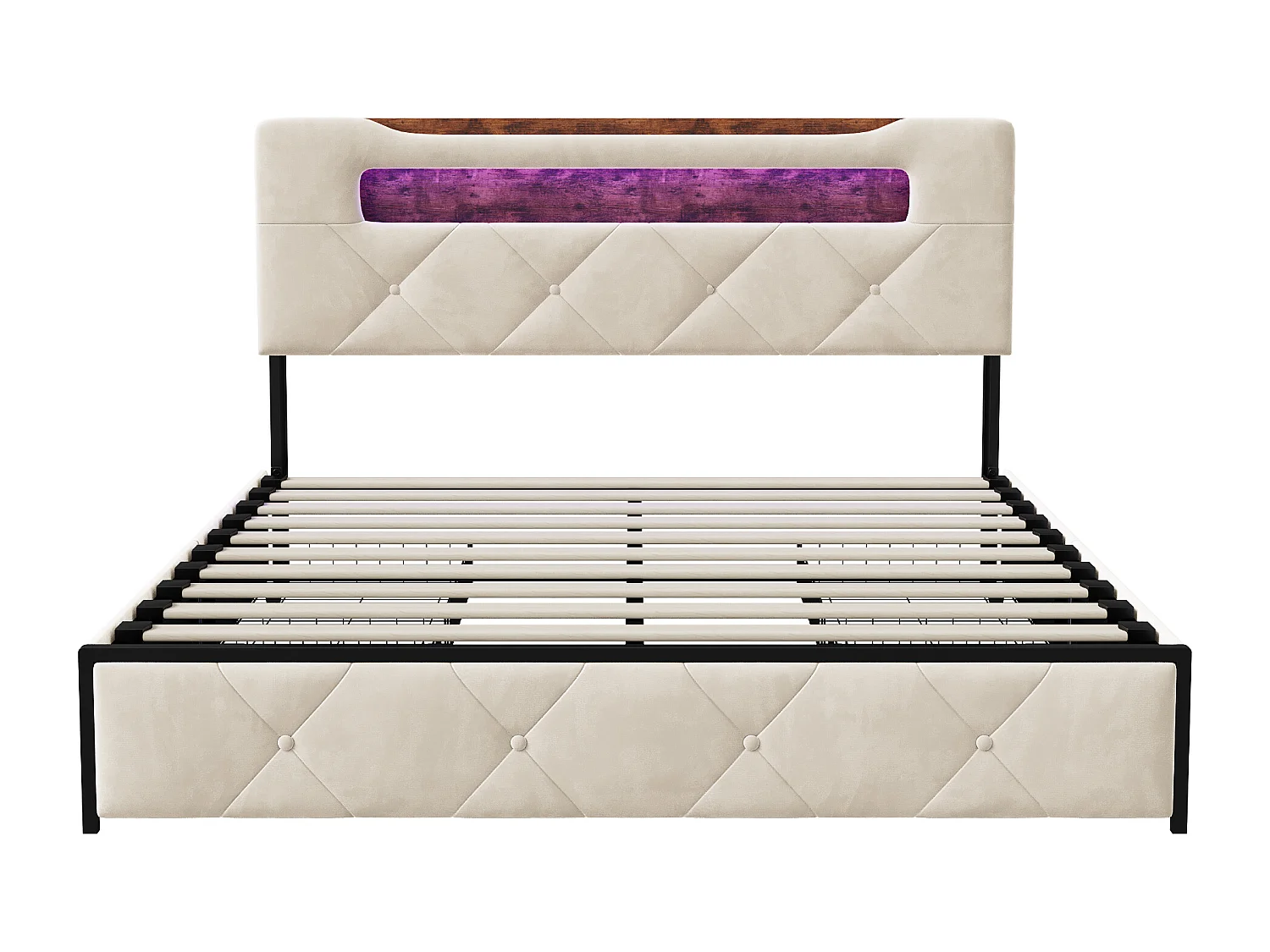 Lit double 160x200 cm avec sommier à lattes, tête de lit avec LED et USB, 4 tiroirs, velours, Lit capitonné 2 places, beige